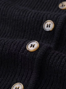Detailed macro view of black ribbed knit fabric with premium brown tortoise shell button