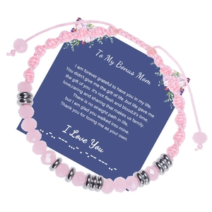 Pink quartz bead Morse code bracelet on 'To My Bonus Mom' message card gift set
