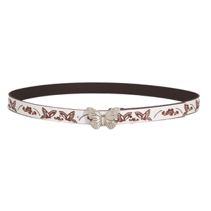 White Y2K vintage leather belt with brown butterfly prints and silver buckle buckle