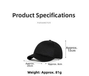 Detailed size specifications of the breathable black mesh baseball cap showing 8cm brim