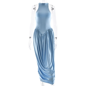 Detail of light blue sleeveless halter maxi dress with elegant waist ruching effects