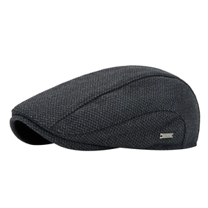 Men's winter flat cap in charcoal grey tweed with fleece lining and side metal logo