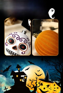 Macro detail of Halloween decorative balls with skull patterns and velvet texture