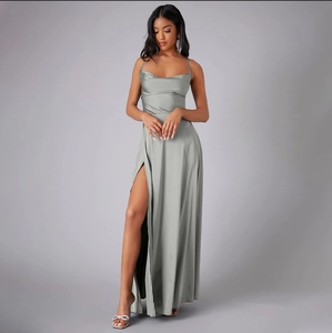 Elegant silver grey backless satin maxi dress with high slit and slim fit design