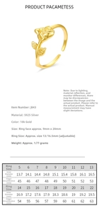 Size guide table for rose-shaped 925 silver adjustable rings with dimensions in mm