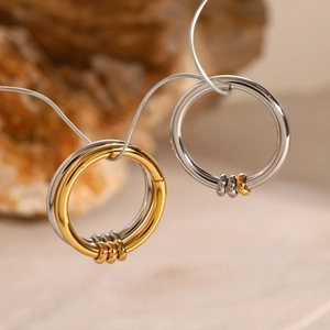 Minimalist 18k gold and silver stainless steel hoop earrings with movable bead charms