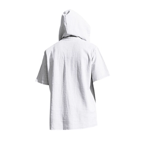 Rear view of white linen hooded short sleeve Henley shirt with textured fabric detail