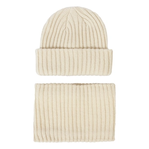 Close-up of ribbed knit beanie and neck warmer set in beige winter thermal fabric