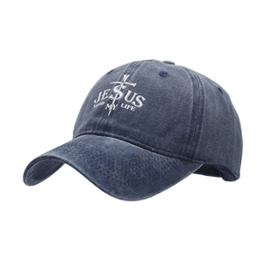 Vintage washed navy cotton baseball cap with Jesus Saved My Life cross embroidery