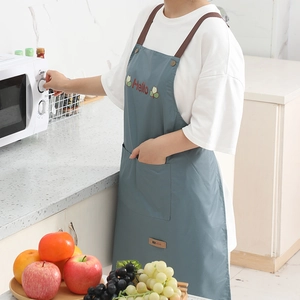 Waterproof blue-grey kitchen apron with front pocket and Hello print for home cooking