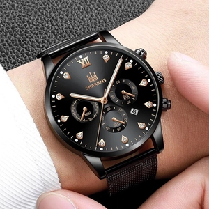 Detailed close-up of SHAARMS men's watch with black dial and rose gold mesh strap