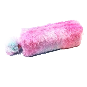 Close-up of rainbow plush pencil case with soft faux fur texture and fluffy pompom charm