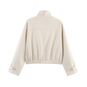 Off-white short bomber jacket with stand collar and buckle detail cuffs back view