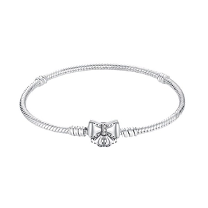 Silver snake chain bracelet with a butterfly bow clasp encrusted with sparkling crystals