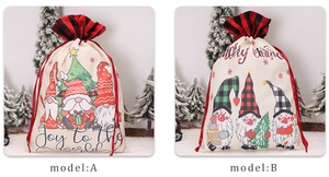 Detail of Christmas burlap drawstring gift bags with gnome prints and red plaid trim