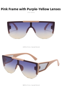 Macro detail of rimless sunglasses with pink frame and purple-yellow gradient lenses