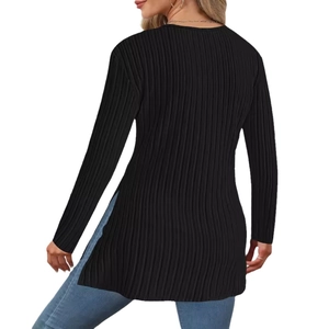 Women's black long sleeve V-neck knit top featuring ribbed texture and side slit detail