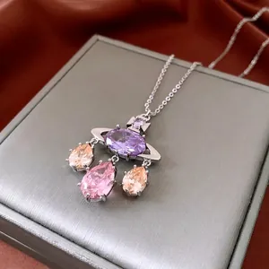 French luxury zircon saturn pendant necklace with colorful crystal drops and silver chain