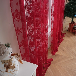 Rideau de Noël en dentelle rouge avec flocons et cloches pour décoration de fenêtre
