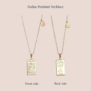 Gold Libra zodiac pendant necklace showing front and back views with square coin design