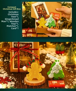 Close-up of Christmas candle gift set with gingerbread man, tree, and wooden tray