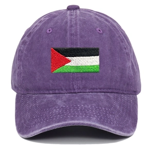 Close-up of high-quality Palestine flag embroidery on a vintage washed baseball cap