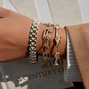 Two-tone 18k gold plated stainless steel bracelet set with zircon stones for women