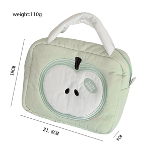 Quilted light green cosmetic bag detail showing Luck Apple logo and dimensions 21.5x18x8cm