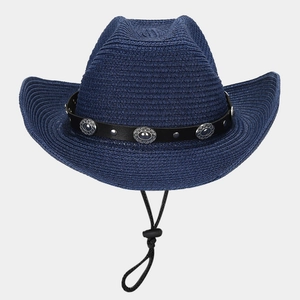 Detail of navy straw cowboy hat with leather band, silver buckles and adjustable chin strap