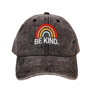 Dark gray washed cotton baseball cap with rainbow and Be Kind embroidery