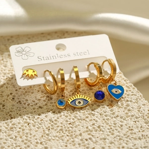 6-piece gold stainless steel earring set featuring evil eye charms and crown stud designs