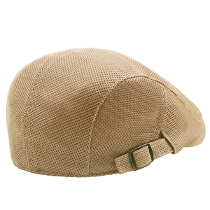 Detail of adjustable metal buckle and breathable mesh fabric on the khaki beret hat