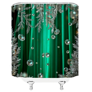 Detail of luxury green Christmas shower curtain with silver pine and crystal rhinestone accents