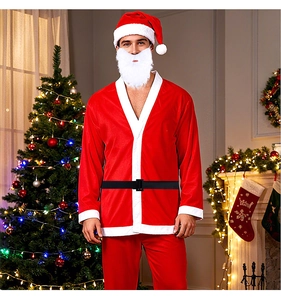 5-piece classic red velvet Santa Claus costume set with white trim and belt on a model