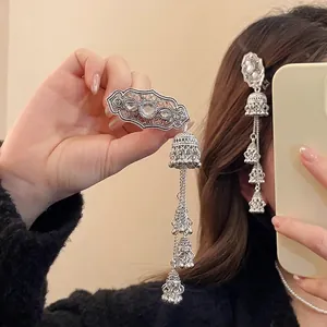 Retro Ethnic Silver Alloy Hollow Hair Clip With Rhinestone Jhumka Bell Tassel Women Side Fringe Duckbill Clip Accessory