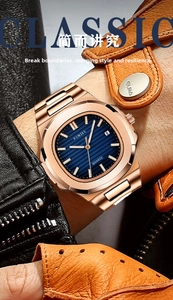 Close-up of rose gold square quartz watch with blue dial on a person's wrist