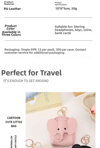 Detailed view of the cute PU leather elephant coin purse with golden keychain and zipper