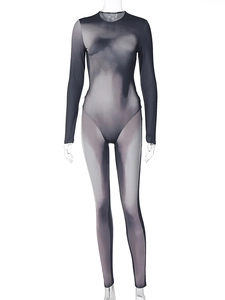 Detail of grey slim-fit bodysuit featuring realistic trompe-l'oeil body print on mannequin
