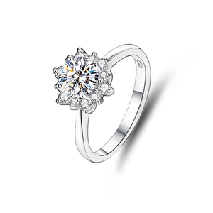 Detailed side view of S925 sterling silver ring with sunflower set round moissanite