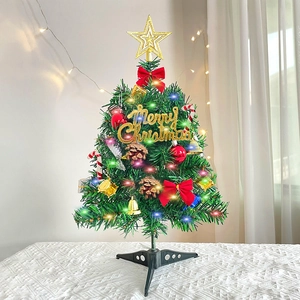Mini Desktop Christmas Tree With LED String Lights Artificial PVC Tree For Home Office Table Decoration Festive Holiday Ornament