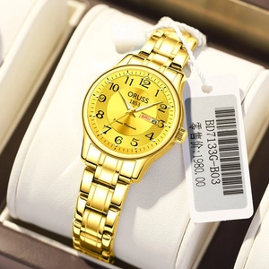 Elegant ultra-thin gold quartz watch for women with luminous hands and date display