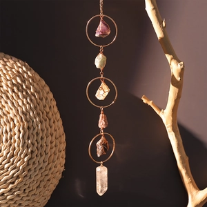 Natural Crystal Sun Catcher Hanging Ornament Amethyst Citrine Raw Stone Prism Metal Rings Bohem Home Decor