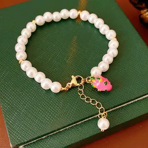 Faux Artificial Pearl Bracelet With Enamel Fruit Pendant Gold Plated Copper Adjustable Cute Fashion Jewelry For Women Girls