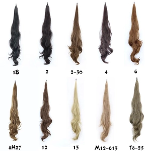 Color chart of 28 inch long ponytail hair extensions in ten different natural shades