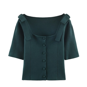 Women Knitted Cardigan Top Dark Green Square Neck Short Sleeve Shoulder Bow Button Down Polyester Knitwear