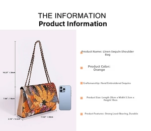 Size chart for the orange embroidered sequin shoulder bag with detailed measurements