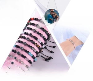 Custom photo projection bracelet with natural pink zebra stone and gemstone beads