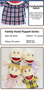 Detail view of plush family hand puppets with super soft fabric and PP cotton filling