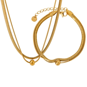 Double-layered gold stainless steel flat snake chain necklace set with round bead pendant