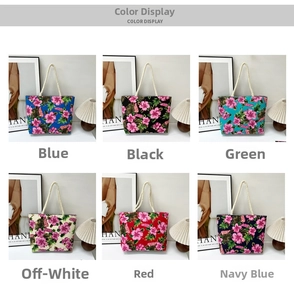 Detail view of large floral canvas tote bags with rope handles in six vibrant colors